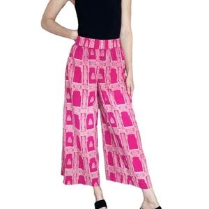 Ajio Pink & White Tapestry Printed High Rise Wide Leg Pants